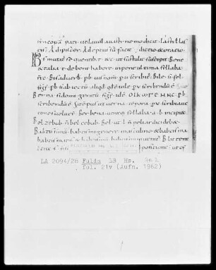 Isidor, Alkuin, Rhabanus Maurus und andere — Initiale B, darin IN, Folio 21verso