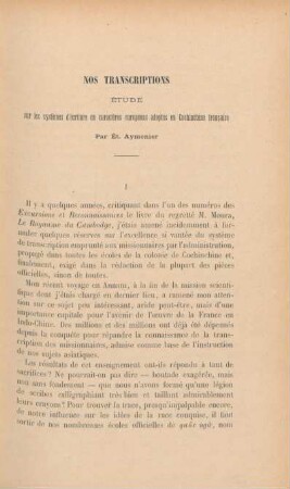 Nos transcriptions étude sur les systèmes d'écriture en caractères européens adoptés en Cochinchine francaise par Ét. Aymonier