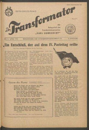 TRO-Betriebszeitung 'Der Transformator'; Nr. 16/1954 (April 1954)