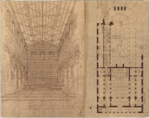 Döllgast, Hans; München; Basilika St. Bonifaz, Wiederaufbau - Grundriss; Innenraumperspektive