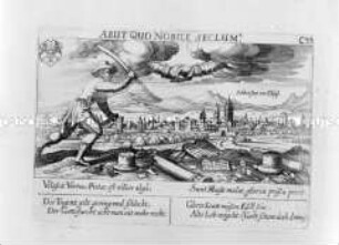 Schlettstadt (Elsaß), Ansicht mit Szene (aus Fürst, Sciographia Cosmica, Nr. C 33)