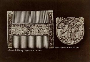 Musée de Cluny. Peigne en ivoire, XIV.e siècle. Couvercle de miroir en ivoire, XIV.e siècle.