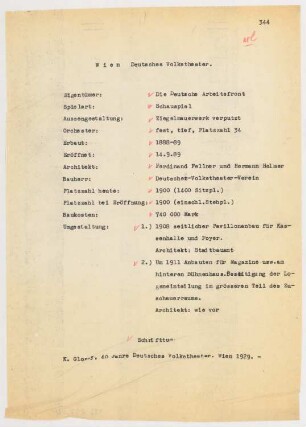 Deutsches Volkstheater, Wien: Schriftstück zum Fragebogen für das Handbuch »Das Deutsche Theater«