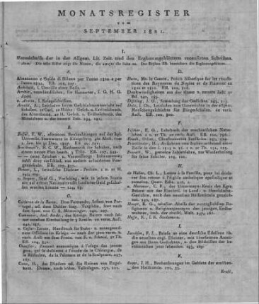 Monatsregister vom September 1821
