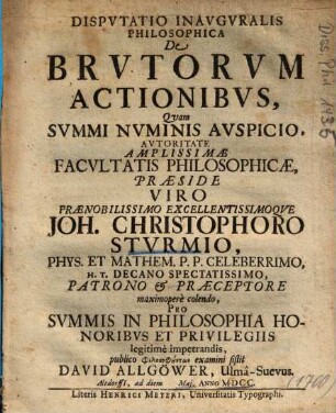 Dispvtatio Inavgvralis Philosophica De Brvtorvm Actionibvs
