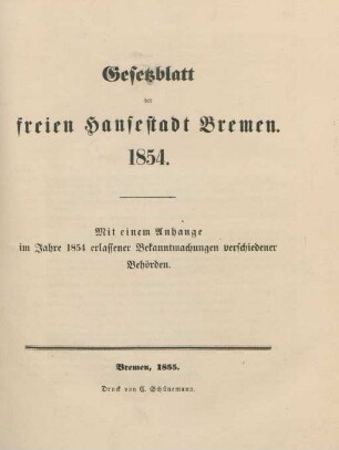 1854: Gesetzblatt der Freien Hansestadt Bremen