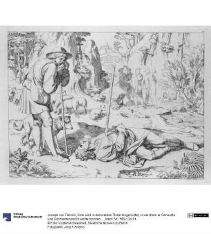 Golo wird in demselben Thale hingerichtet, in welchem er Genovefa und Schmerzensreich wollte morden lassen. Blatt 14 zu "Bilder zu Tiecks Genovefa von J. Führich"