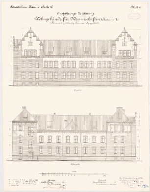 Feldartilleriekaserne, Halle/Saale: Wohnbau für Mannschaften - Kasernen I, II und VI: Aufriss Ostansicht, Westansicht 1:100