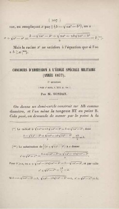Concours d'admission a l'Ècole Spéciale Militaire (Année 1877).