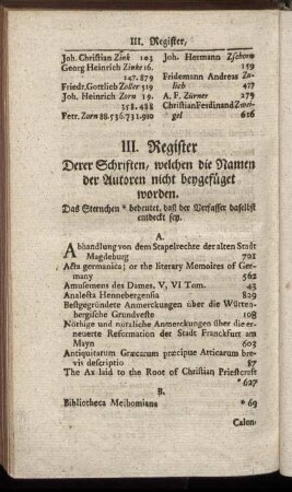 III. Register Derer Schriften, welchen die Namen der Autoren nicht beygefüget worden.
