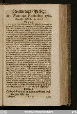 [No. 17.] Vormittags-Predigt am Sonntage Reminiscere 1762. Evang. Matth. 15, 21 - 28.