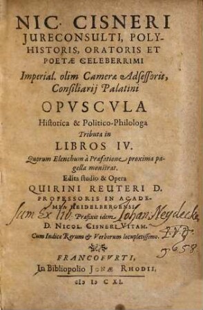 Nic. Cisneri opuscula historica et politico-philologa