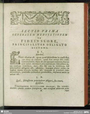Sectio Prima Generalem Meditaionem De Fideiussore, Principaliter Obligato Sistens