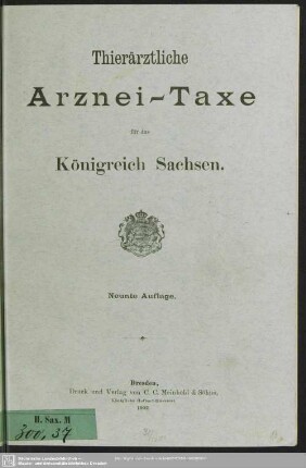 9.1902: Thierärztliche Arznei-Taxe für das Königreich Sachsen
