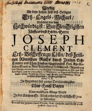 Predig An dem hohen Fest deß Heiligen Ertz-Engels-Michael
