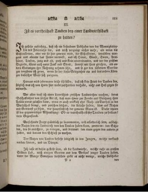 III. Ist es vortheilhaft Tauben bey einer Landwithschaft zu halten?