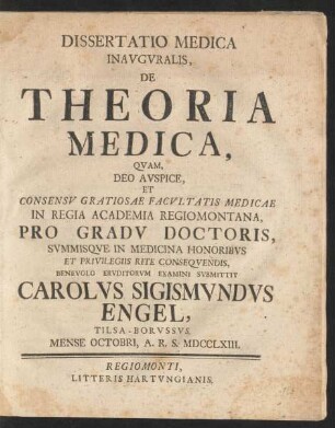 Dissertatio Medica Inauguralis, De Theoria Medica