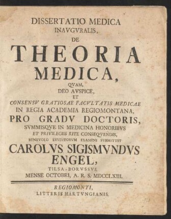 Dissertatio Medica Inauguralis, De Theoria Medica