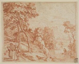 Flußlandschaft mit Wanderern und Angler