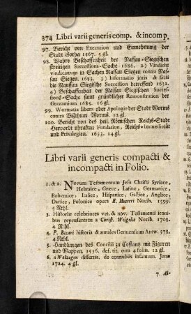 274-286, Libri varii generis compacti & incompacti.