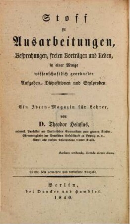 Teut oder theoretisch-praktisches Lehrbuch der gesammten deutschen Sprachwissenschaft. 5. Stoff zu Ausarbeitungen. - 5. Ausg. - 1840