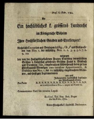 An Ein hochlöbliches k. grösseres Landrecht...