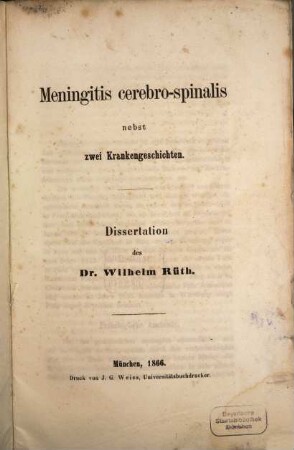 Meningitis cerebro-spinalis : Nebst zwei Krankengeschichten