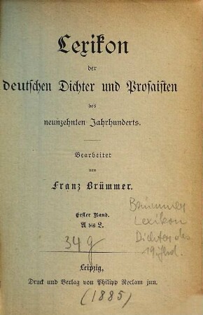 Lexikon der deutschen Dichter und Prosaisten des 19. Jahrhunderts, 1. A bis L