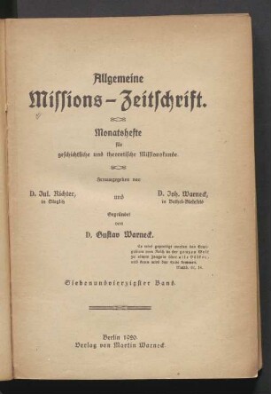 47.1920: Allgemeine Missions-Zeitschrift : Monatsh. für geschichtl. u. theoret. Missionskunde