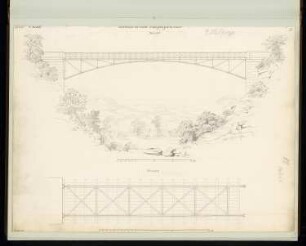 Eiserne Fußgängerbrücke Monatskonkurrenz Oktober 1867: Grundriss, Aufriss Seitenansicht; 2 Maßstabsleisten