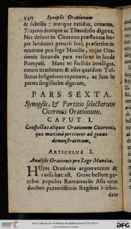 Pars Sexta: Synopsis, & Partitio selectarum Ciceronis Orationum
