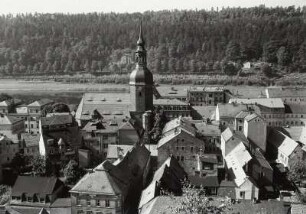 Bad Schandau, Blick von der Schloßbastei auf die Stadt mit Stadtkirche
