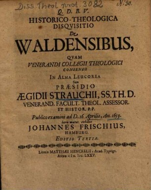 Historico-Theologica Disqvisitio De Waldensibus