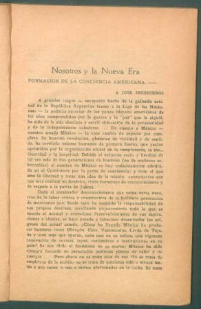 Nosotros y la Nueva Era : Formación de la conciencia americana - A José Ingenieros