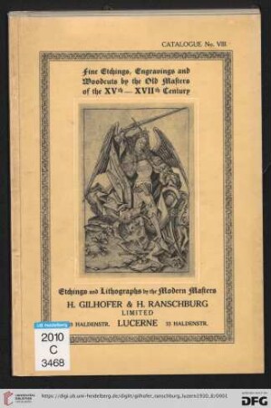 Nr. 8: Catalogue: Fine etchings, engravings and woodcuts by old masters of the XVth-XVIIth century : etchings and lithographs by the modern masters