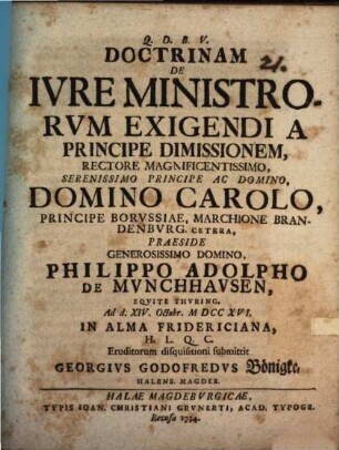 Doctrinam De Ivre Ministrorvm Exigendi A Principe Dimissionem