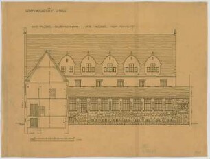 Fischer, Theodor; Jena; Universität - Südflügel Hof (Ansicht); Ostflügel (Querschnitt)
