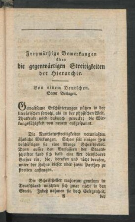 Freymüthige Bemerkungen über die gegenwärtigen Streitigkeiten der Hierarchie.
