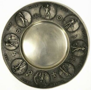 Zinnteller mit bergmännischen Figuren, alchemistische und astronomischen Symbolen