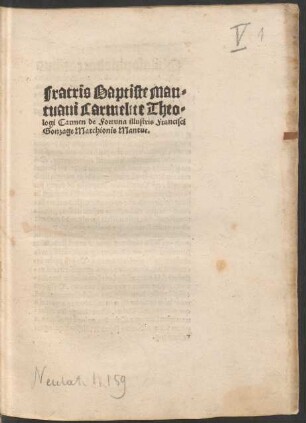 Fratris Baptiste Man=||tuani Carmelite Theo=||logi Carmen de Fortuna illustris Francisci || Gonzage Marchionis Mantue.||