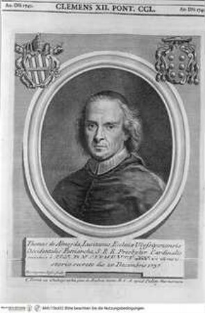 Vitae et res gestae pontificum Romanorum et S.R.E. cardinalium a Clemente X. usque ad Clementem XII. scriptae a Mario Guarnacci : quibus perducitur ad nostra haec tempora historia eorundem ab Alphonso Ciacconio aliisque descripta a S. Petro ad Clementem IX, Tomus Secundus/ Mario GuarnacciPorträt des Kardinals Thomas de Almeyda - Vita et res gestae ponteficum Romanorum Clemens X - Clemens XII. Tomus Secundus.