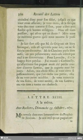 Lettre XCIII. A la même. Aux Rochers, Dimanche 25. Octobre, 1671