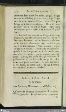 Lettre XCIII. A la même. Aux Rochers, Dimanche 25. Octobre, 1671