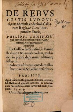 De rebus gestis Ludovici ... undecimi et Caroli 8. Commentarii