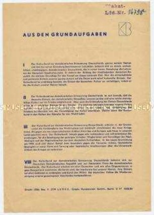 Aufnahmeantrag (blanko) des Kulturbundes zur demokratischen Erneuerung Deutschlands, mit Auszug aus den Grundaufgaben der Organisation