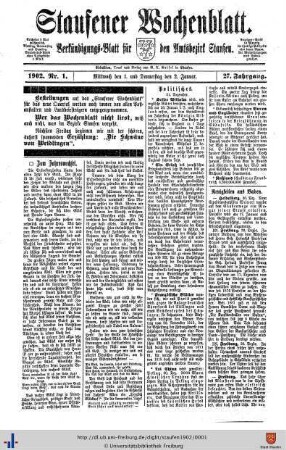 27. Jg: Staufener Wochenblatt (1921 bis 1934 als Staufener Tagblatt)