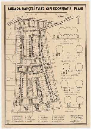 Gesamtbebauungsplan Ankara Siedlung Bahceli Evler Yapi Kooperatifi: Grund- und Lageplan 1:2000, Straßenprofile 1:100
