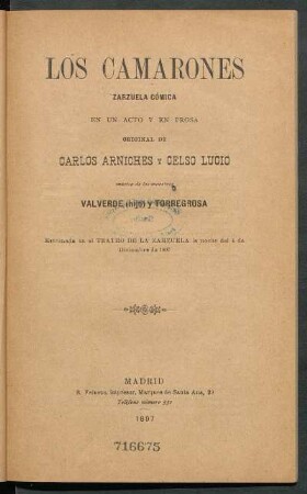 Los camarones : zarzuela cómica en un acto y en prosa