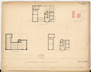 Villa, Cochem Monatskonkurrenz Juni 1884: Lageplan, Grundriss Keller, Erdgeschoss, Obergeschoss; Maßstabsleiste
