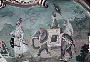 Szenen nach dem Vorbild der originalen indo-persischen Miniaturen aus der Wandverkleidung und bemalte und stuckierte Hohlekehle der Decke und Deckenspiegel